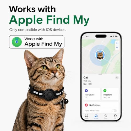 Cat GPS Tracker Collar, Pet Tracker for Cats (iOS Only), Waterproof Smart Tag Compatible with Apple Find My, No Monthly Fee, Tracking Collar for Small Large Cats (Tracker for cat)