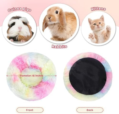 Rabbit Bed, Long Plush Donut Shaped Washable Bunny Hideout Soft Pet Bedding Mat for Guinea Pig, Kitten, Chihuahua & Small Pets for Snuggling Resting - Rainbow