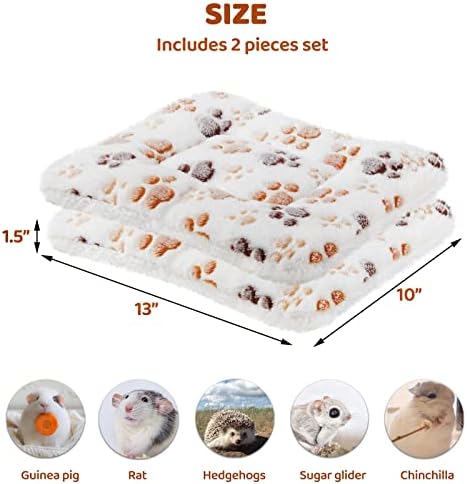 Amakunft 2 Pcs Guinea Pig Bed Mat Washable, Rabbit Winter Bed Pad for Indoor, Warm Small Animal Bed Mattres, Fleece Sleeping Pad for Bunny, Rat, Hedgehog, Sugar Glider, Chinchilla (Paw, Medium)