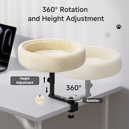 Chumajor Cat Desk Bed - 360° Rotating & Adjustable, Supports 50 lbs, Soft Faux Fur with Dual-Sided Reversible Mat, Modern Indoor Cat Nest Furniture for Office Desks and Game Tables, Island Table white