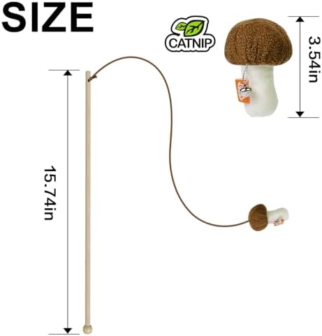 TTcat Natural Wooden Cat Wand Toy with Catnip Plush Mushroom, Thick Unbreakable Rope Interactive Cat Teaser Stick with Bell, Indoor Kitten Boredom Relief Hunting Play Toy for Cats.