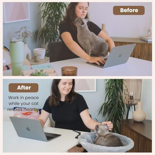 Cat Desk Bed – 180° Rotating & Adjustable Cat Hammock, 2 Washable Covers, Supports 40 lbs, Non-Slip Clamp, Soft Faux Fur, Space-Saving Design for Home Office, Remote Workers, Gamers