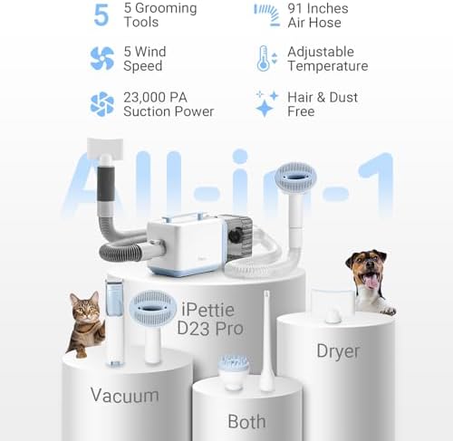 iPettie D23 Pro Pet Grooming Kit for Dogs: Vacuum Dog Brush and Dog Trimmer Vacuum — 95°F-140°F Adjustable Temperature, Adjustable Wind Speed, 23000 PA Suction for All Pet Grooming Needs