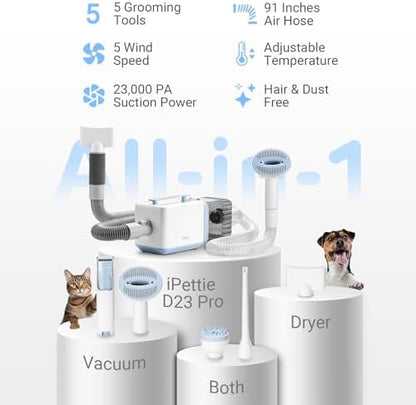 iPettie D23 Pro Pet Grooming Kit for Dogs: Vacuum Dog Brush and Dog Trimmer Vacuum — 95°F-140°F Adjustable Temperature, Adjustable Wind Speed, 23000 PA Suction for All Pet Grooming Needs