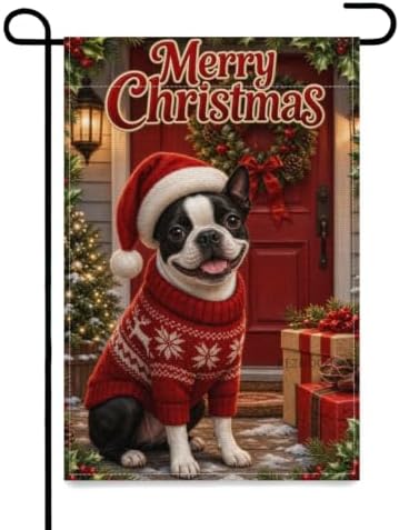 Merry Christmas Garden Flag 12x18 Inch Boston Terrier Santa Hat Red Sweater Wreath Gift Holiday Farmhouse Outdoor Yard Lawn Front Porch Welcome Double Sided Banner Decor
