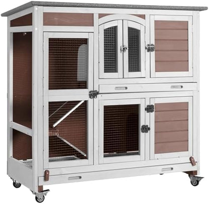 Aivituvin Rabbit Hutch Bunny Cage with Wheels Indoor Outdoor Two Story Guinea Pig Cage with 2 Deep No Leak Tray