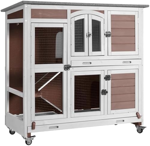 Aivituvin Rabbit Hutch Bunny Cage with Wheels Indoor Outdoor Two Story Guinea Pig Cage with 2 Deep No Leak Tray