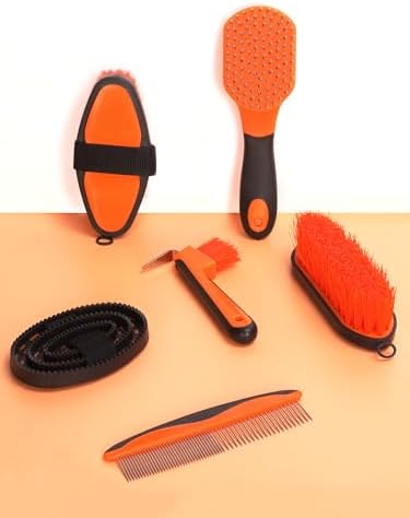 Horse Grooming Kit（13-Piece），Orange Horse Brushes,Storage Bag, Sweat Scraper,Mane Comb,Horse Grooming Gloves, Gifts for Girls (Orange)