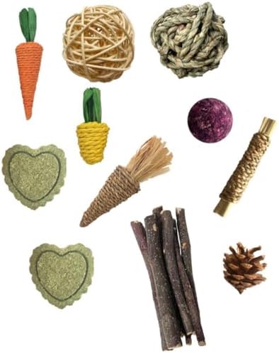 Hamster Chew Toys, 11PCS Rabbit Molars Care Set Sweet Bamboo Water Grass Ball and Cake Apple Branch Treats for Chinchilla
