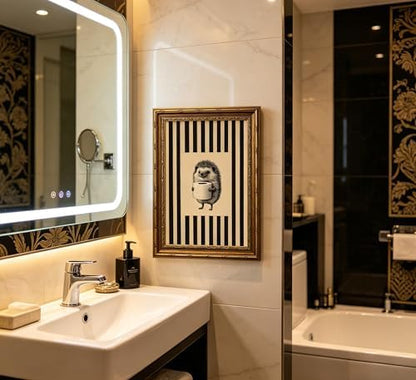 Vintage Gold Framed Funny Bathroom Wall Art, Hedgehog Holding Toilet Paper Canvas Print, Black and White Striped Funny Animal Sketch Wall Decor, Antique Rustic Farmhouse Poster Artwork for Restroom