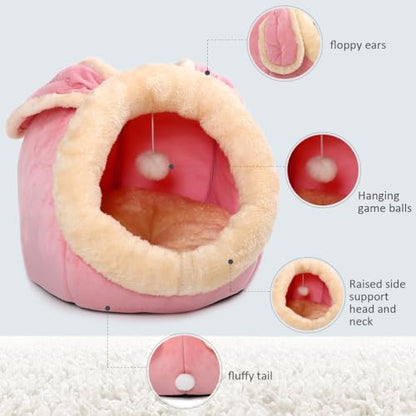 Cat Beds for Indoor Cats-Rabbit-Shaped Cat Cave Bed with Hanging Toy,Pink L