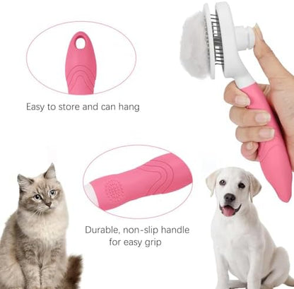 Self Cleaning Slicker Brush - Cat Brush Skin-Friendly Deshedding Grooming Massaging Tool for Long & Short Haired Pets, Cat Hair Brushes Easy Removes Undercoat for Dogs Cats Rabbits-UPGRADED, Pink