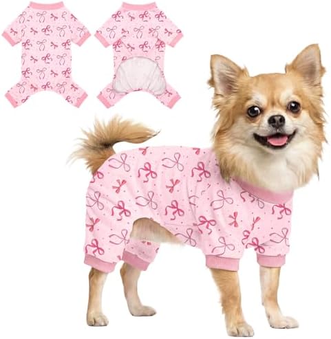 Dog Pajamas for Small Medium Dogs Pjs Pink Bow Dog Onesie Breathable Puppy Pj Pet Stretchy Soft Sleepwear for Spring Summer Costume-M