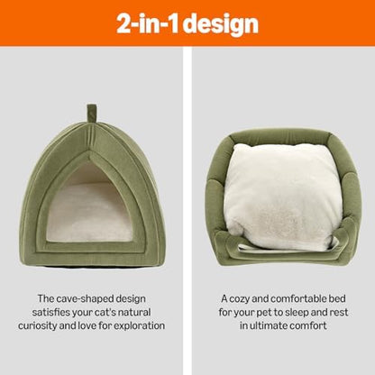 Amazon Basics Cat Cave Bed, 2-in-1 Foldable House for Indoor Cats, with Washable Cushion and Non-Slip Base, 17.5 x 17.5 Inches, Large, Green