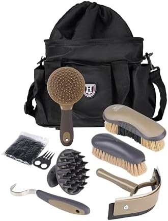 Harrison Howard Horse Grooming Brushes Kit 7 pieces with Organizer Tot Equine Care Series Horse Brush Sets Black