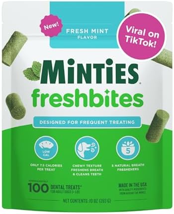 Minties FreshBites Soft and Chewy Dental Treats, Low Calorie Natural Mint Flavored Dental Chews for Dogs, 100 Count, Dog Chews Clean Teeth, Fight Bad Breath, Removes Plaque and Tartar