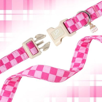 Summer Dog Collar, Pink Checkered Cotton Dog Collar with Quick Release, Gift Pink Collars for Small Medium Large Girls or Boys Dogs Cute Durable Comfortable Pet Collars