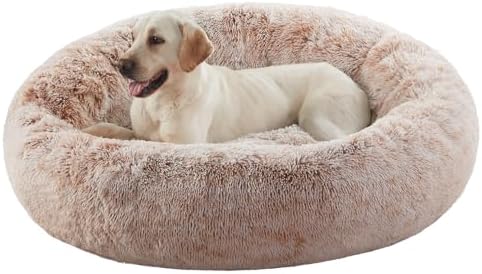 45 in Faux Fur Fluffy Donut Dog Bed for Extra Large Dogs,Brown