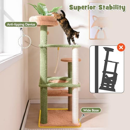 PETSITE 60 inch Cactus Cat Tree Tower, Multi-Level Cat Tower with Sisal Scratching Posts, Sisal Rope, Hanging Ball, Self Groomer and Decorative Faux Plant, Cute Cat Tree for Indoor Cats
