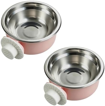 2Pcs Pets Lightweight Stainless Steel Bowl,Removable Stainless Steel Pet Hanging Food Water Feeder Bowl for Puppy Dog Cat Rabbit Ferret Bird Gunea Pigs (Pink-Medium)