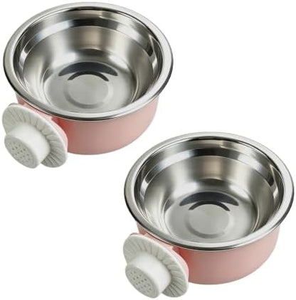 2Pcs Pets Lightweight Stainless Steel Bowl,Removable Stainless Steel Pet Hanging Food Water Feeder Bowl for Puppy Dog Cat Rabbit Ferret Bird Gunea Pigs (Pink-Medium)