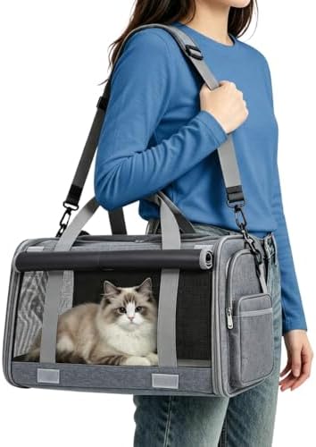 Pet Carrier for Medium-Small Cats, Collapsible Cat Carrier and Soft-Sided Pet Carrier for Cats and Small Dog Up to 17lbs, Stress-Free Travel with Privacy Cover, Travel Bag L18.9”X11.42”X11.42”
