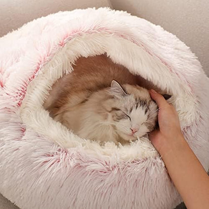 SUOXU Anti-Anxiety Cat Bed, Plush Hooded Cave, 20 in Diameter, Suitable for Small to Medium Pets, Pink