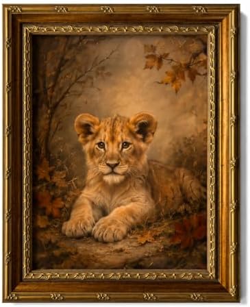 Framed Vintage Style Wall Art Cute Lion Cub In A Rustic Forest Setting Canvas Print Poster Farmhouse Style Artwork Suitable For Bedroom Or Living Room 8x10 Inches Ready To Hang Or Display On A Tabletop