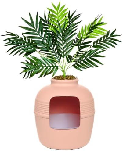 Good Pet Stuff Original Hidden Litter Box Planter, Decorative Cat Litter Enclosure with Carbon Filter, Artificial Palm Plant, Upgraded Design, Easy Clean Litter Tray, Essentials Kit, Pink Coral