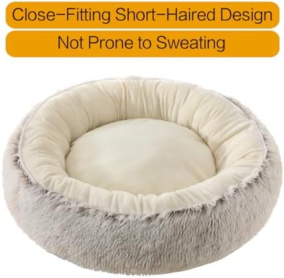 Calming Donut Pet Bed, Fluffy Long Fur Outer & Short Fur Inner, Sweat-Free & Cozy, Non-Slip Bottom, for Small Medium Dogs, Cats, Puppies & Kittens (Brown, 19.7 in)