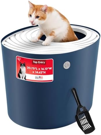 IRIS USA Large Top Entry Cat Litter Box, Hooded Privacy, Navy/White
