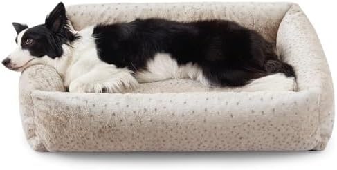 JOEJOY Dog Bed Medium Size Dog, Removable Washable Cover Orthopedic Soft Pet Bed, Anti-Slip Fluffy Plush Faux Rabbit Fur Puppy Bed, 30"x24"x8", Leopard Print, Beige