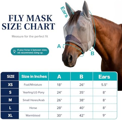 Horse Fly Mask, Super Comfort Fly Masks for Horses, Adjustable UV Protection Breathability Horses Fly Masks with Ears, Pony Mini Equine Fly Mask for Miniature Foal Draft Cob Srabian Full (Gray, M)