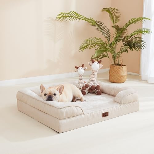 EHEYCIGA Orthopedic Dog Beds for Large Dogs, Waterproof Memory Foam Large Dog Bed with Sides, Non-Slip Bottom and Egg-Crate Foam Pet Couch Bed with Washable Removable Cover, Beige