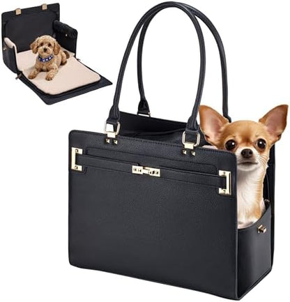 Dog Purse Carrier for Small Dogs, Stylish Foldable Pet Carrier Purse Tote Bag with Washable Cushion & Safety Leash, Airline Approved Puppy Travel Bag with Pockets (Black)