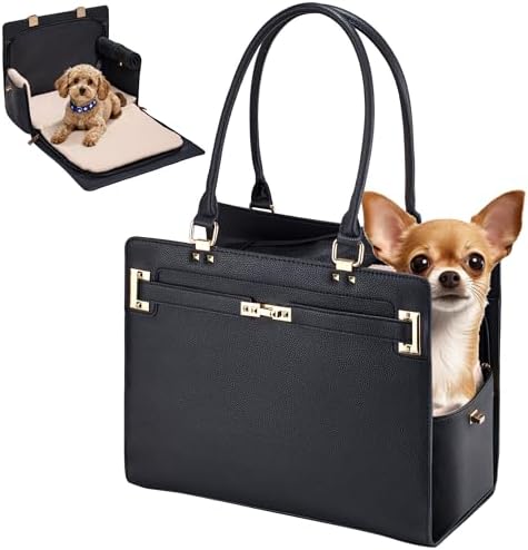 Dog Purse Carrier for Small Dogs, Stylish Foldable Pet Carrier Purse Tote Bag with Washable Cushion & Safety Leash, Airline Approved Puppy Travel Bag with Pockets (Black)