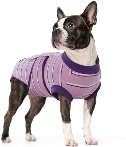 Kuoser Dog Surgery Recovery Suit, Soft Breathable Dog Recovery Suit for Female Spay Male Nueuter, Anti Licking Puppy Onesie Pet Surgical Suit for Dogs Abdominal Wounds Skin Disease, Purple Strips M