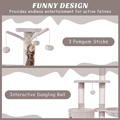 PETSITE 56 Inches Cat Tree for Indoor Cats, Multi-Level Cat Tower with Sisal Scratching Posts and Ladder, Tall Cat Tree with Top Perch, Hammock, Cat Condo & Jumping Platforms for Cats Kittens