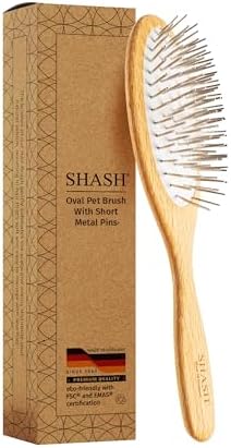 Since 1869 Hand Made In Germany - SHASH Oval Pet Brush With Long Metal Pins With Rubber Cushion - Helps Detangle Knots, Eliminate Frizz, Reduce Pulling & Snagging (Short Steel Pins)