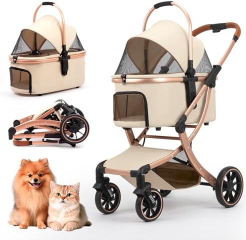 3 in 1 Pet Stroller for Small/Medium Dogs & Cats with Detachable Carrier, Storage Basket and Pet Pad, 4 Wheels Foldable Pet Travel Carrier for Car Seat & Hand Carry, Safe Outings (Khaki)
