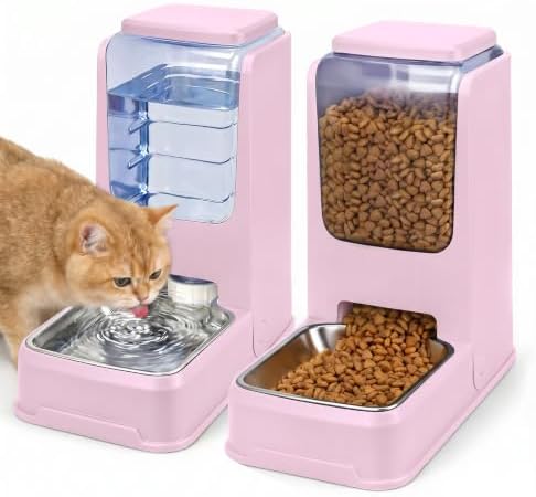 Automatic Cat Feeder and Water Dispenser Set with Stainless Steel Bowls, Gravity Dog Food and Waterer Large Capacity Pet Feeder for Small Medium Kitty Puppy, Light Purple