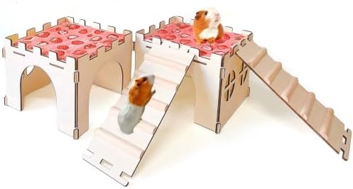 2PCS Guinea Pig Hideout,Large Wooden Guinea Pigs House with Stairs and Mats,Detachable Guinea Pig Castle Hide for Small Animals Hamster Chinchilla Ferret Habitats Accessories