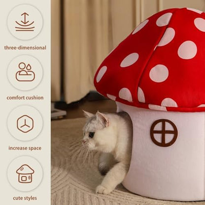Cute Cat Bed Cave for Indoor Highland Mushroom Shaped Pet Plush House Self-Warming Nest Small Dogs Rabbits with Removable Cushion for Puppy Bed with Hanging Toy (Red Mushroom)