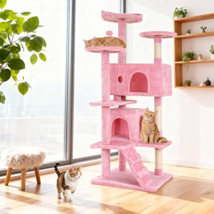 BestOffice 54 Inch Cat Tree, Multi-Level Cat Tower with Condo, Perches, Sisal Scratching Posts, Climbing Ladder,Indoor Activity Center Play House for Kittens & Adult Cats, Pink