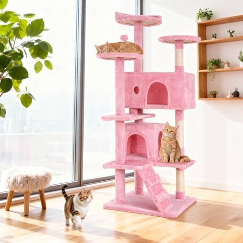 BestOffice 54 Inch Cat Tree, Multi-Level Cat Tower with Condo, Perches, Sisal Scratching Posts, Climbing Ladder,Indoor Activity Center Play House for Kittens & Adult Cats, Pink