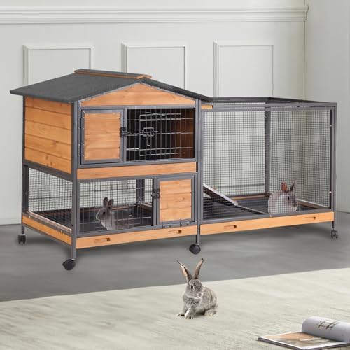 Indoor Rabbit Hutch with Metal Frame & Pull-Out Tray - Spacious Cage with Exercise Run Area for Rabbits (Orange, L)