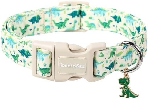Lionet Paws Green and Blue Dinosaur Dog Collar- Cute Stegosaurus and Raptor Beige Dog Collars with Plastic Buckle, Light Adjustable Dog Collars for Small Medium Dogs