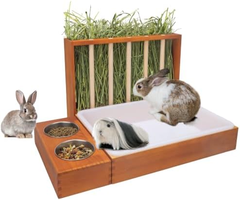 BESNEW 3-in-1 Rabbit Hay Feeder with Litter Box,Upgraded Rot Resistant Rreatment Wooden Hay Feeder with 2 Bowls & Litter Box for Guinea Pigs,Chinchillas,Rabbits & Other Small Animals,Waste Prevention