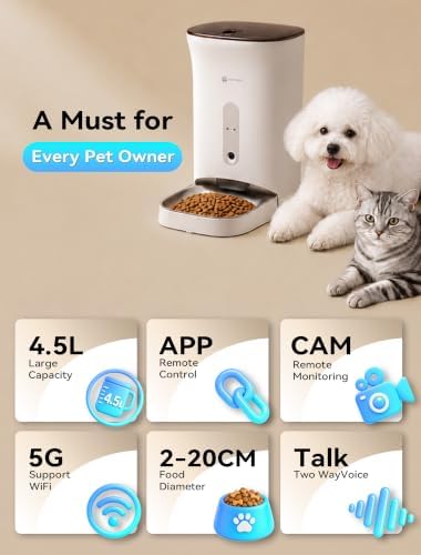 Automatic Cat Feeder with 3MP Camera,2K HD Video with Night Vision,5G/2.4G WiFi Pet Feeder with 2-Way Audio,App-Controlled Timed&Blockage Sensor,Detachable for Easy Cleaning with Desiccant for Cat/Dog