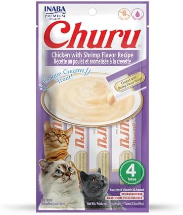 INABA Churu Lickable Purée Natural Cat Treats (Chicken with Shrimp Recipe, 4 Tubes)